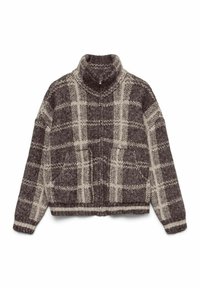 Tumšbrūnas adītas džemperis ar augstu apkakli un krēma krāsas šūnu rakstu, ar priekšējām kabatām un ribotām piedurknēm un apakšmalu, nodrošinot teksturētu apdari.