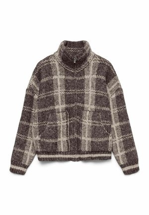 Wełniany sweter z golfem w ciemnym brązie z kremowym wzorem w kratę, z kieszeniami z przodu oraz ściągaczami przy mankietach i dolnym brzegu dla uzyskania strukturalnego wykończenia.