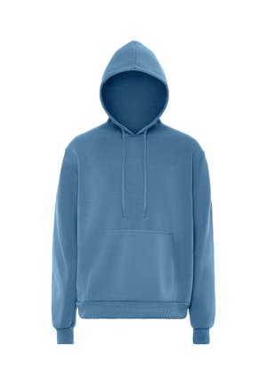 Blauer Kapuzenpullover mit vorderer Kängurutasche, Kordelzug, gerippten Bündchen und Bund, gezeigt auf weißem Hintergrund ohne sichtbare Person.
