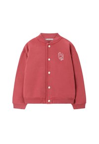 Veste en polaire rouge avec un col rond, fermeture à boutons pression et logo brodé en blanc. Présente des poignets et un ourlet côtelés.