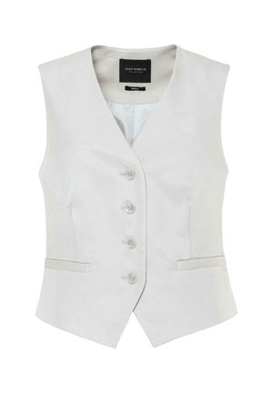 Light gray sleeveless vest with five front buttons, two side pockets, and a tailored fit. Smooth fabric with a subtle sheen.