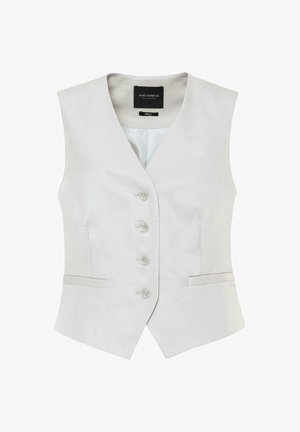 Jasnoszara, bezrękawnikowa kamizelka z pięcioma guzikami z przodu, dwoma bocznymi kieszeniami i dopasowanym krojem. Gładki materiał z delikatnym połyskiem.