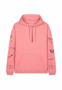 Hele roosa kapuutsiga sügisjakk, millel on ees tasku. Esitleb värvikat lille- ja liblikakaunistust ning erinevaid teksti aktsente varrukatel.