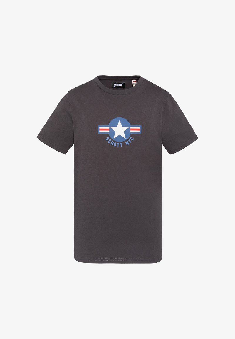 T-shirt en coton gris à col rond, présentant un graphique d'étoile bleue et le texte "SCHOTT NYC", rehaussé de rayures rouges et blanches.