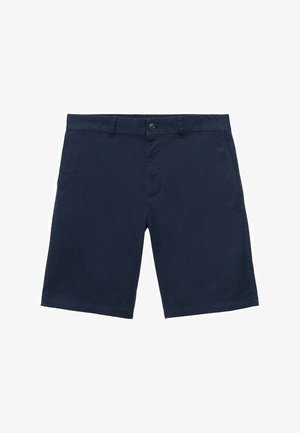 Temno modri kratki hlače iz bombaža, z ravnim sprednjim delom, gumbom za zapiranje, žepi in ravnim krojem, zasnovani za sproščeno nošenje.