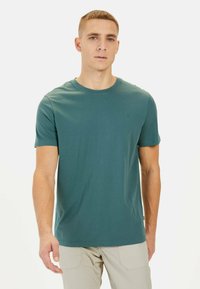 Teal crew-neck T-shirt lavet af blødt bomuld med korte ærmer og et lille logo på brystet. Modellen har lyse bukser på.