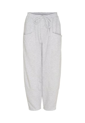 Lysegrå joggingbukser med elastisk talje, snørebånd og store forlommer, forkortet over anklen.