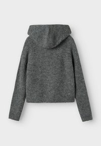 Vue arrière d'un hoodie en laine tricotée grise avec des manches longues et des poignets et ourlets côtelés, présenté sur un fond clair.