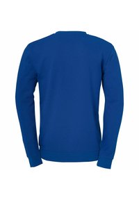 Blå sweatshirt med lange ærmer, rund hals, ribbede manchetter og kant. Stoffet ser blødt og glat ud, uden synlige mønstre eller accenter.