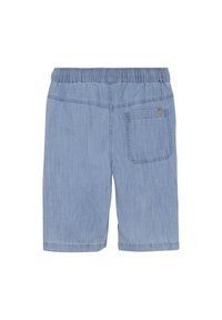 Blauwe chambray shorts met een elastische tailleband, zijzakken en een enkele achterzak met een klein logo. Gladde textuur, casual ontwerp.