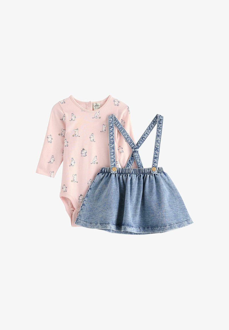 Pink long-sleeve bodysuit with playful animal prints, paired with a denim skirt featuring adjustable blue straps and elastic waistband.