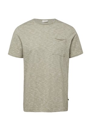 Hellgraues T-Shirt mit kurzen Ärmeln, feiner Struktur, rundem Ausschnitt und einer kleinen Brusttasche auf der linken Seite.