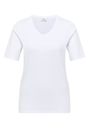 Biała bawełniana koszulka z krótkim rękawem i dekoltem w serek, z prostym dołem i metką marki „Cecil” przy szyi.
