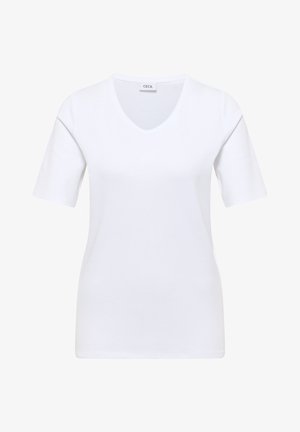 T-shirt blanc en coton à manches courtes avec col en V, ourlet droit et étiquette de la marque "Cecil" au niveau de l'encolure.
