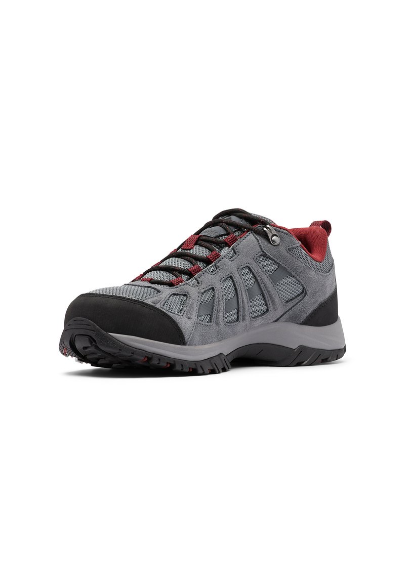 Męskie buty trekkingowe w odcieniach szaro-czarnych z czerwonymi akcentami. Siatkowy wierzch dla lepszej wentylacji, wyściełana podeszwa oraz teksturowana podeszwa gumowa dla lepszej przyczepności.