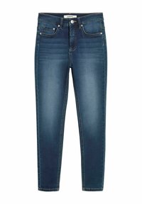 Ciemnoniebieskie dżinsy o slim fit, z pięcioma kieszeniami, srebrnymi akcesoriami i lekko wyblakłym wykończeniem na nogawkach.