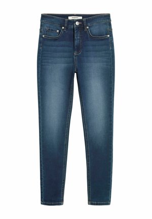 Dark blue denim jeans with a slim fit, featuring five pockets, silver hardware, and a slightly faded finish on the legs.