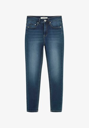 Mørkeblå denim jeans med slim fit, der har fem lommer, sølv hardware og en let falmet finish på benene.