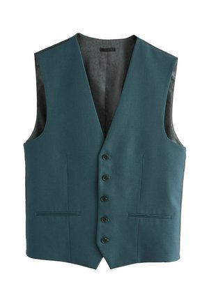 Mėlyngros liemenė su V formos iškirpte, penkiais mygtukais ir dviem priekinėmis kišenėmis. Pagaminta iš tekstūruoto audinio su raštuotu juodu vidumi.