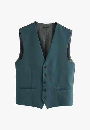 Gilet turchese con design a scollo a V, cinque bottoni e due tasche frontali. Realizzato in tessuto strutturato con interno nero decorato.