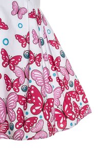 Vit kjol i tyg med en fjärilsprint i nyanser av rosa och lila, med blå prickar och spiralaccentuer. Fållad design.