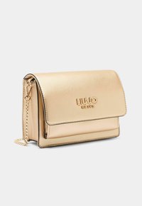 Kuldne metalliline sünteetilisest nahast käekott, millel on klappidega sulgemine, kett-rihm ja reljeefne logo. Sujuv tekstuur ja struktureeritud disain.