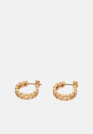 Gold hoop earrings with a geometric pattern, featuring a polished finish and a secure post-back closure. Round and shiny design.