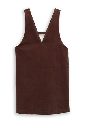 Mouwloze bruine ribfluwelen jurk met diepe V-hals en horizontale band aan de achterkant, tot op de knie, plat uitgestald op een witte achtergrond.