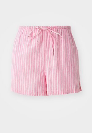 Roosa triibuline lühike pükste paar, millel on elastne vöökoht ja pael, kergest kangast ja mugava lõikega. Aktsentideks külgmised lõhikud.