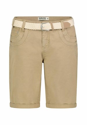 Beige knee-length shorts with rolled hems and front pockets, featuring a woven cream belt with silver buckle and visible brand label inside waist.