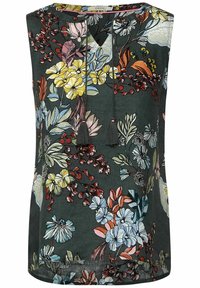 Sleeveless blouse made of soft fabric, featuring a dark green background with multicolored floral patterns and tassel accents at the neckline.