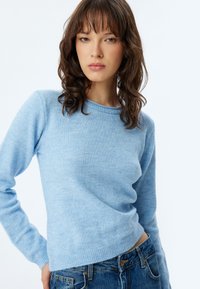 Hellblauer Strickpullover mit rundem Halsausschnitt und langen Ärmeln, der eine weiche Textur und eine taillierte Passform aufweist. Getragen mit Jeans.
