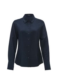 Camicia azzurra con bottoni realizzata in un tessuto strutturato, con colletto a punta, maniche lunghe e una linea dritta con cuciture laterali.