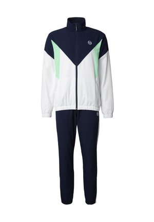 Námornícka modrá a biela tepláková súprava s mätovozelenými akcentmi, bunda na zips s vysokým golierom, elastickými manžetami a nohavicami s elastickými lemami.