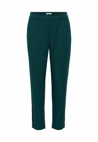 Dark teal tailored trousers featuring a smooth fabric, slim fit, front pleats, and straight legs. Mid-rise waist with a discreet waistband.