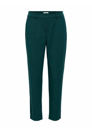 Pantalones a medida de color teal oscuro con tela lisa, corte slim, pliegues delanteros y piernas rectas. Cintura de talle medio con pretina discreta.