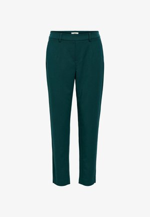 Pantalones a medida de color teal oscuro con tela lisa, corte slim, pliegues delanteros y piernas rectas. Cintura de talle medio con pretina discreta.