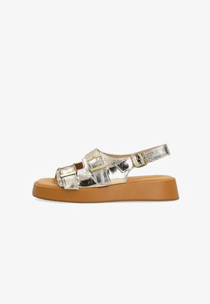 Goldfarbene Metallic-Sandale mit offenem Zehenbereich, drei verstellbaren Riemen mit Schnallen und einer dicken, hellbraunen Plateau-Sohle.