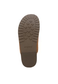 Bruine suède schoenzool met gestructureerde rubberen loopzool, voorzien van ronde patronen en de merknaam "VIONIC" in reliëf op de zijkant.