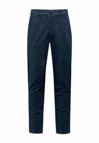 Marineblauwe chino's van glad katoen met een slim-fit ontwerp, voorzien van zijzakken, een ritsluiting en een subtiele textuur.