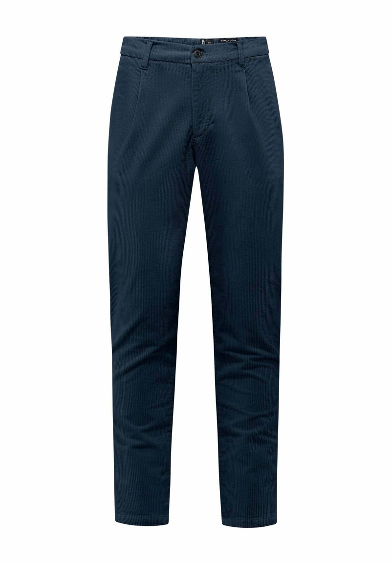 Marineblauwe chino's van glad katoen met een slim-fit ontwerp, voorzien van zijzakken, een ritsluiting en een subtiele textuur.