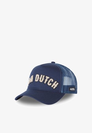 Casquette bleu marine avec panneaux latéraux en mesh, arborant l'inscription "Von Dutch" en texte beige clair sur le devant. Visière courbée avec détails de coutures.