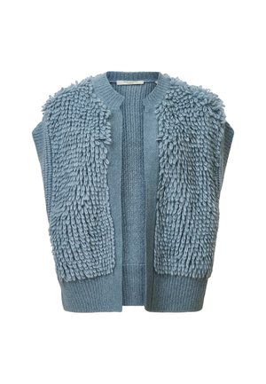 Gilet blu con una superficie testurizzata e una parte superiore pelosa e shaggy, corpo lavorato a maglia, apertura frontale e orlo a coste. Materiale morbido e leggero.