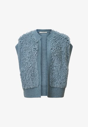 Blauer, strukturierter Weste mit einem flauschigen, schüppigen äußeren Bereich an den Schultern, gestricktem Körper, offenem Vorderteil und geripptem Saum. Weiches, leichtes Material.
