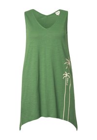 Groene mouwloze top met een V-hals en een gebogen zoom, voorzien van een palmbomenprint en het woord "PURE" in beige aan de zijkant.