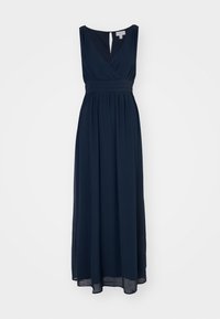 Námornícky modré maxi šaty vyrobené z ľahkej tkaniny. Majú výstrih do V, plisovaný pás a detaily v tvare kľúčovej diery na zadnej strane. Elegantný a splývavý dizajn.