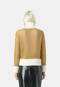 Maglione a maglia realizzato in un tessuto dorato semi-trasparente con un colletto e polsini a coste bianchi. Il design è corto, mettendo in risalto un look moderno.