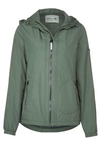 Zelená lehká bunda s kapucí, zapínáním na zip, bočními kapsami a elastickými manžetami. Má texturovanou vnitřní podšívku a logo na rukávu.
