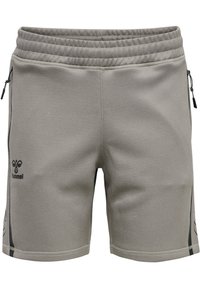 Pantalones cortos deportivos grises con una cinturilla elástica acanalada, bolsillos laterales con cremallera y acentos negros en los lados. Acabado de tela texturizada.