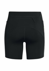 Pantaloni sportivi neri con un design aderente, caratterizzati da una tasca con zip e dettagli floreali colorati sui lati.